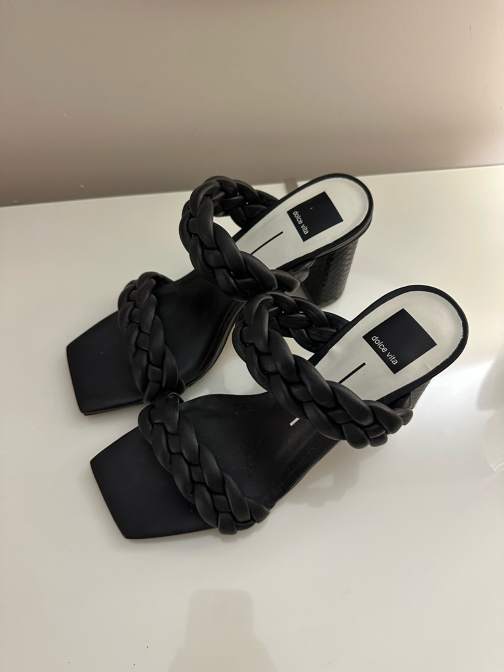 Dolce Vita Black Braided Two-Strap Block Heel Sandals